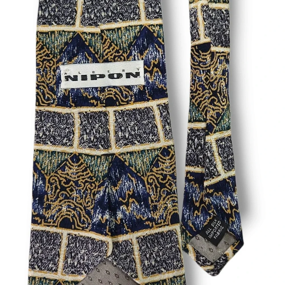 Albert Nipon Silk Necktie Abstract Geo Paisley Jacquard Blue Gold Vintage‎ OS